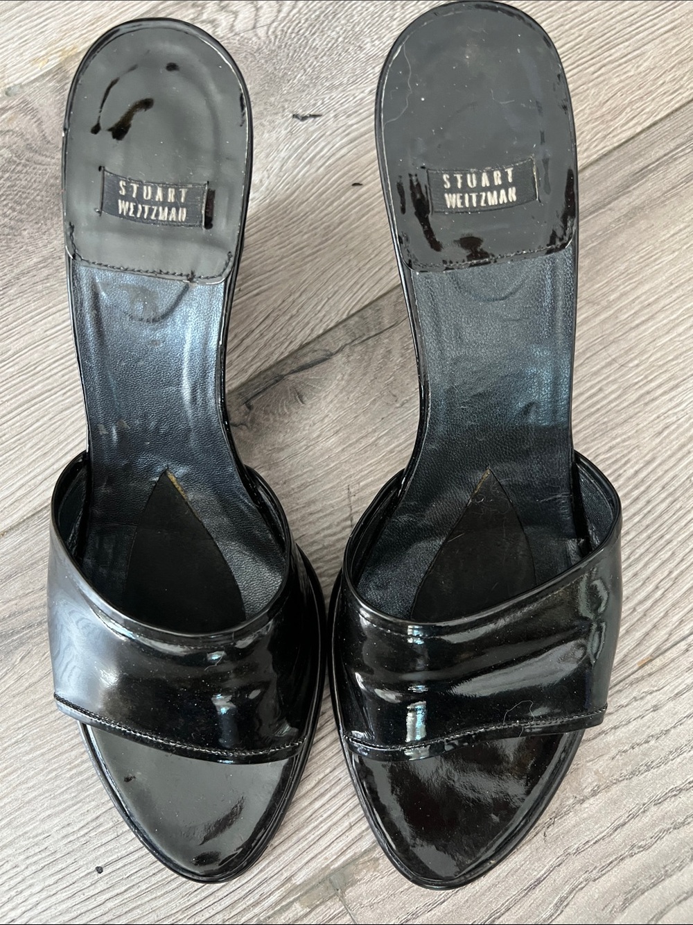 Stuart Weitzman Black and gold Patent Leather Slide Mules